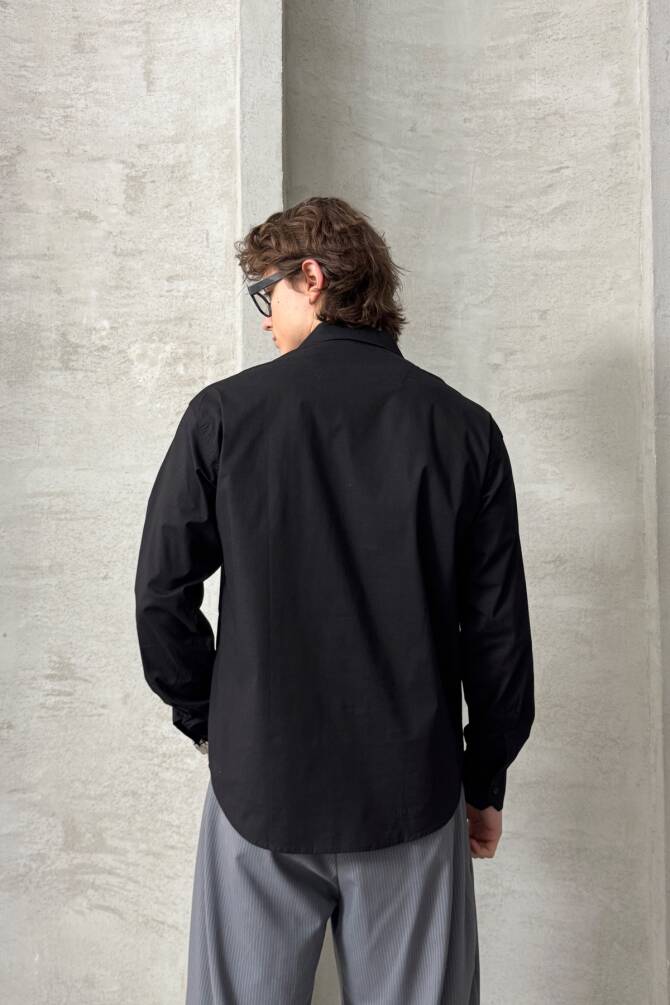 Erkek Oversize Pamuklu Poplin Gömlek Siyah - 6