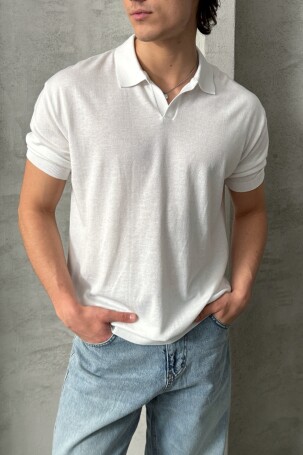 Erkek Oversize Pamuklu Polo Yaka Triko T-Shirt Beyaz 