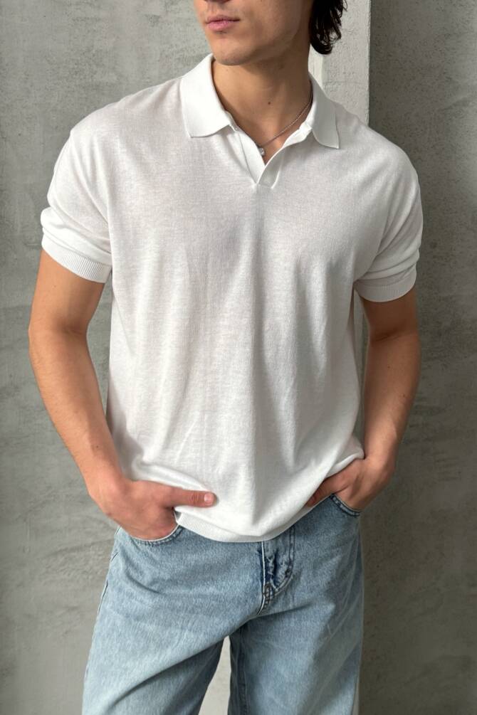 Erkek Oversize Pamuklu Polo Yaka Triko T-Shirt Beyaz - 1