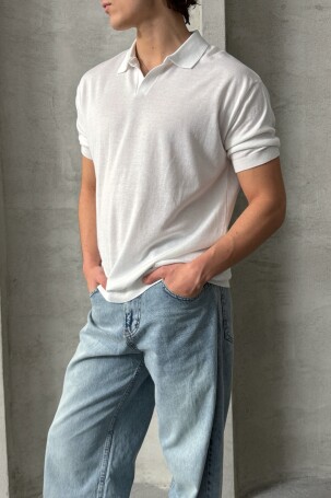 Erkek Oversize Pamuklu Polo Yaka Triko T-Shirt Beyaz - 2
