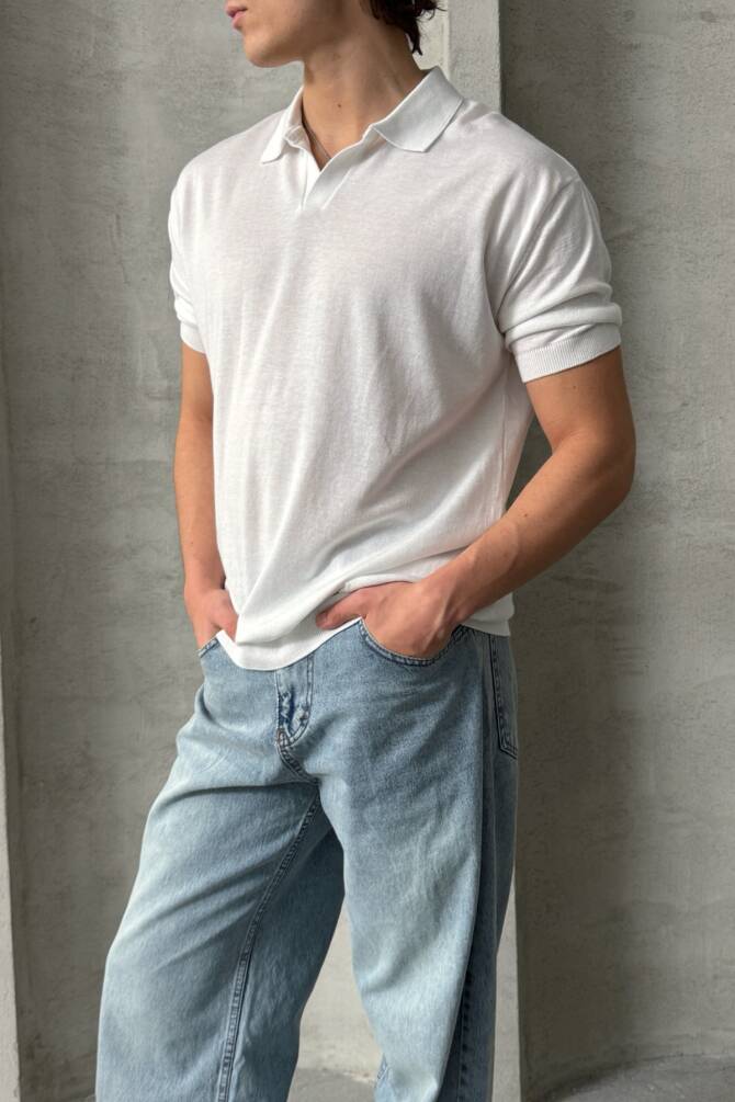 Erkek Oversize Pamuklu Polo Yaka Triko T-Shirt Beyaz - 2