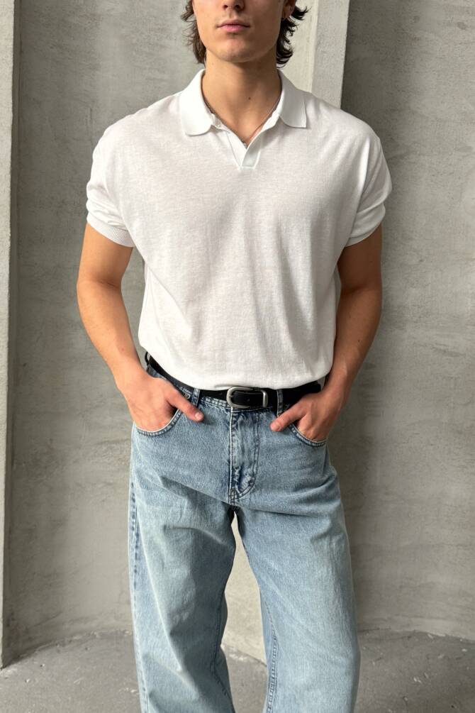 Erkek Oversize Pamuklu Polo Yaka Triko T-Shirt Beyaz - 3