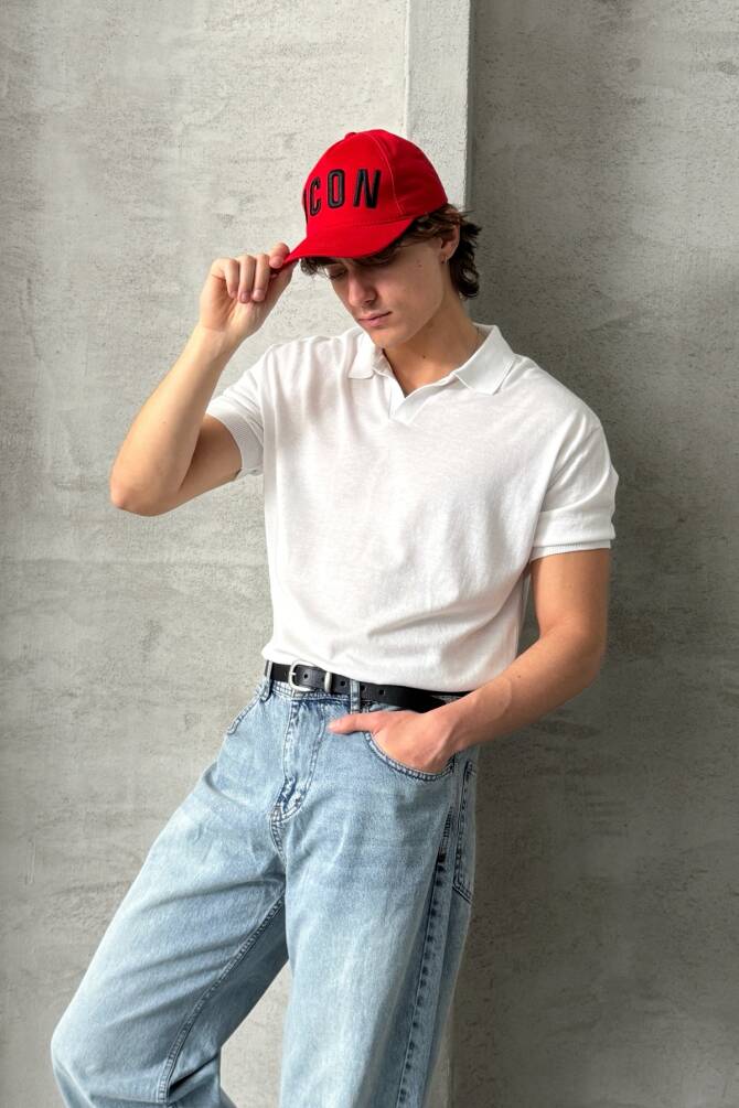 Erkek Oversize Pamuklu Polo Yaka Triko T-Shirt Beyaz - 4