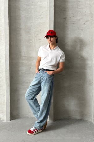 Erkek Oversize Pamuklu Polo Yaka Triko T-Shirt Beyaz - 5