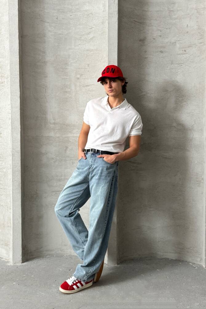 Erkek Oversize Pamuklu Polo Yaka Triko T-Shirt Beyaz - 5