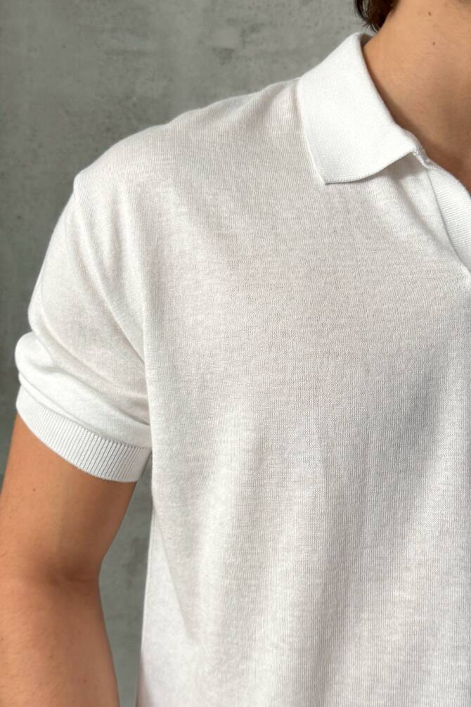 Erkek Oversize Pamuklu Polo Yaka Triko T-Shirt Beyaz - 6