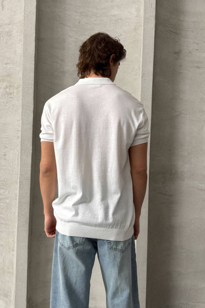 Erkek Oversize Pamuklu Polo Yaka Triko T-Shirt Beyaz - 7