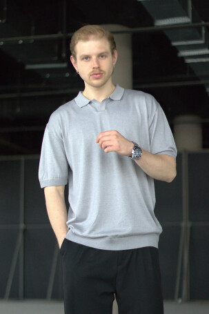 Erkek Oversize Pamuklu Polo Yaka Triko T-Shirt Gri 