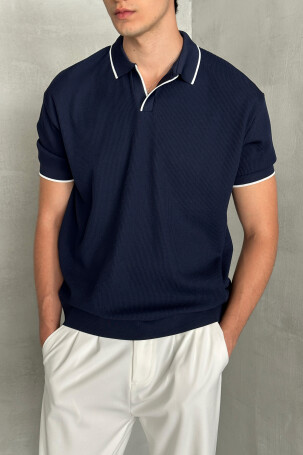 Erkek Oversize Selanik Polo Yaka Triko T-Shirt Lacivert 