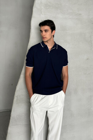 Erkek Oversize Selanik Polo Yaka Triko T-Shirt Lacivert - 2