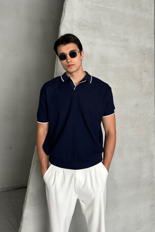Erkek Oversize Selanik Polo Yaka Triko T-Shirt Lacivert - 3