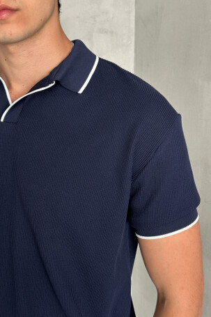 Erkek Oversize Selanik Polo Yaka Triko T-Shirt Lacivert - 4