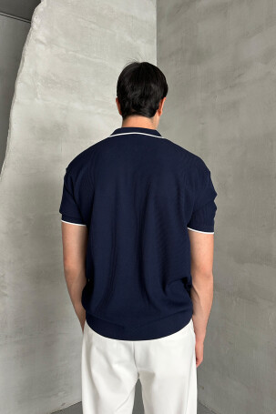 Erkek Oversize Selanik Polo Yaka Triko T-Shirt Lacivert - 5