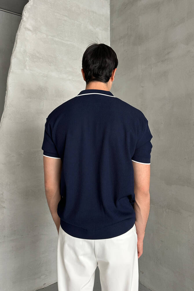 Erkek Oversize Selanik Polo Yaka Triko T-Shirt Lacivert - 5