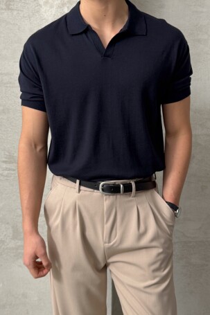 Erkek Oversize Pamuklu Polo Yaka Triko T-Shirt Lacivert - 1