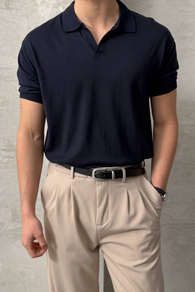 Erkek Oversize Pamuklu Polo Yaka Triko T-Shirt Lacivert - 1