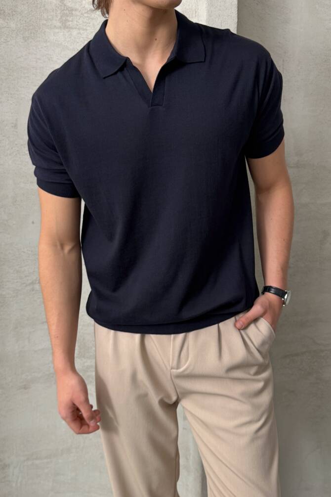 Erkek Oversize Pamuklu Polo Yaka Triko T-Shirt Lacivert - 2