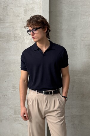Erkek Oversize Pamuklu Polo Yaka Triko T-Shirt Lacivert - 3