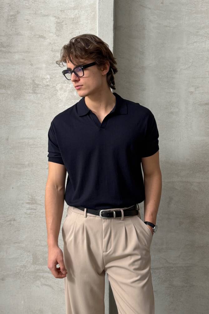 Erkek Oversize Pamuklu Polo Yaka Triko T-Shirt Lacivert - 3
