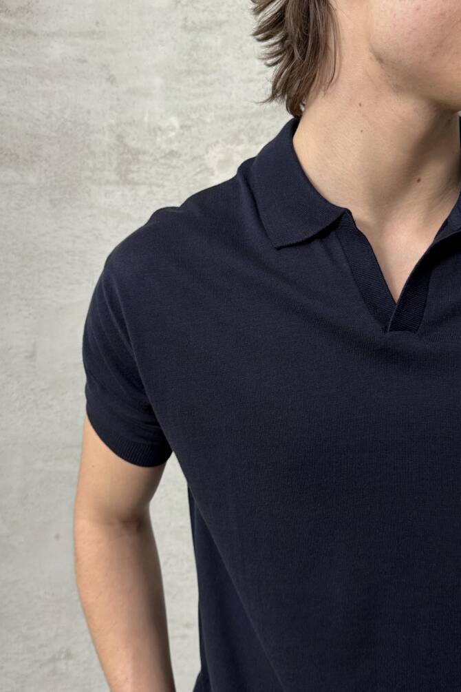 Erkek Oversize Pamuklu Polo Yaka Triko T-Shirt Lacivert - 4
