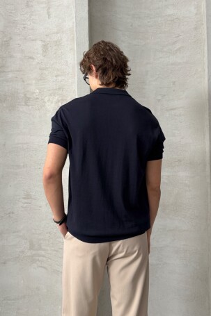 Erkek Oversize Pamuklu Polo Yaka Triko T-Shirt Lacivert - 5