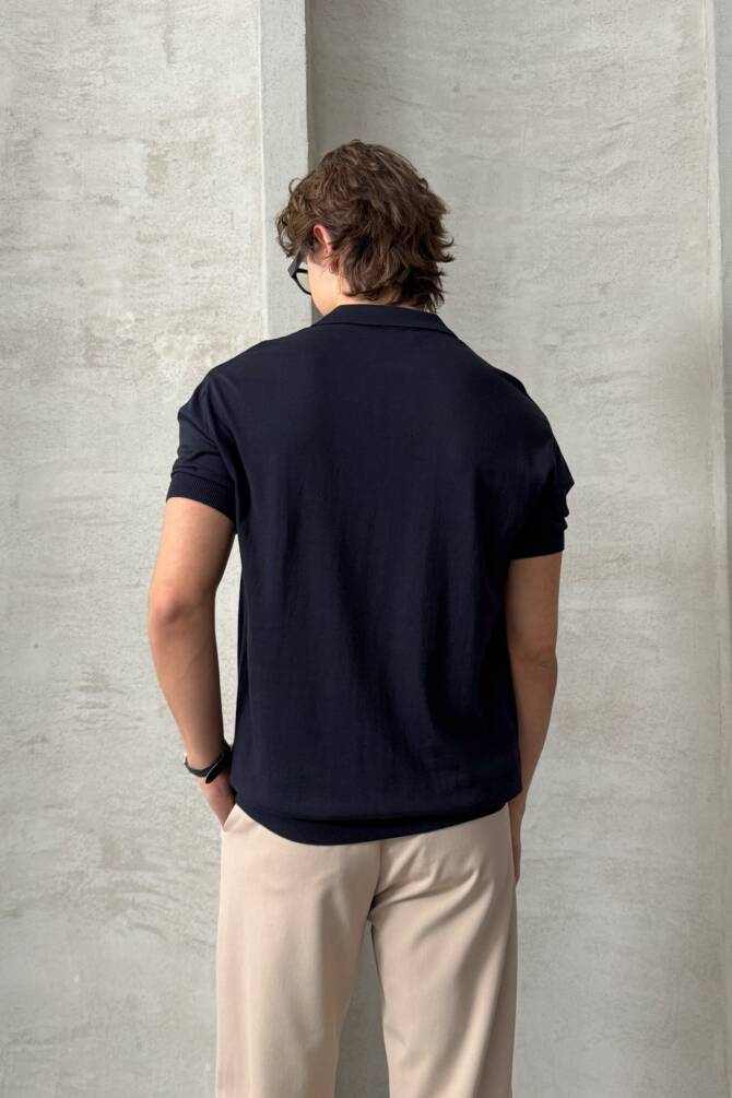 Erkek Oversize Pamuklu Polo Yaka Triko T-Shirt Lacivert - 5