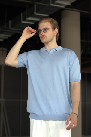 Erkek Oversize Pamuklu Polo Yaka Triko T-Shirt Mavi 
