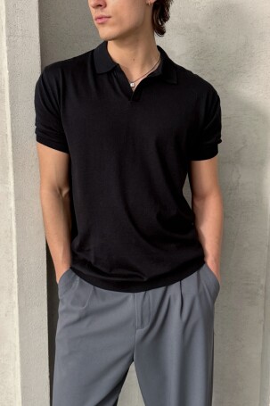 Erkek Oversize Pamuklu Polo Yaka Triko T-Shirt Siyah - 2