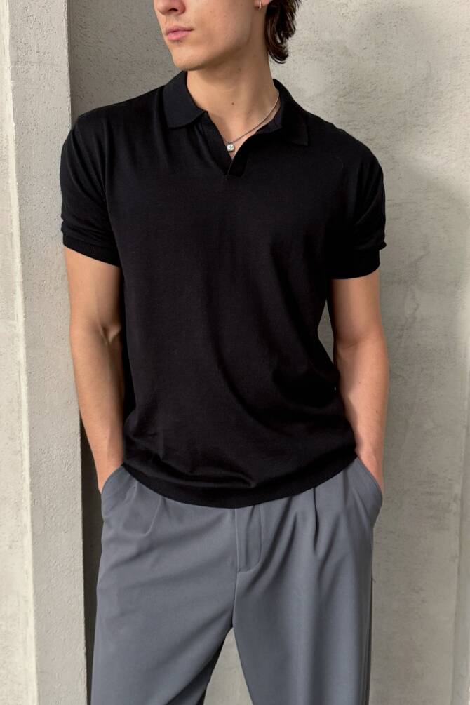 Erkek Oversize Pamuklu Polo Yaka Triko T-Shirt Siyah - 2