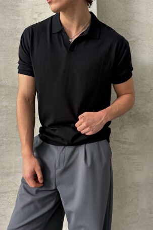 Erkek Oversize Pamuklu Polo Yaka Triko T-Shirt Siyah - 3