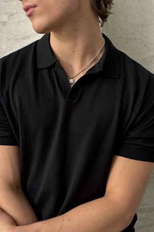 Erkek Oversize Pamuklu Polo Yaka Triko T-Shirt Siyah - 4