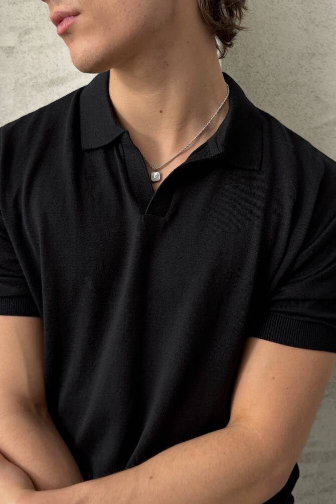 Erkek Oversize Pamuklu Polo Yaka Triko T-Shirt Siyah - 4