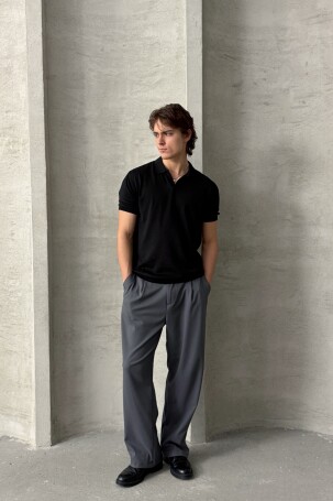 Erkek Oversize Pamuklu Polo Yaka Triko T-Shirt Siyah - 5