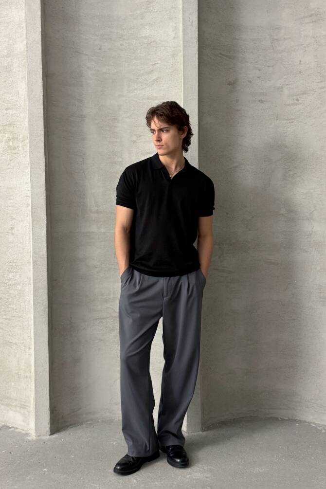 Erkek Oversize Pamuklu Polo Yaka Triko T-Shirt Siyah - 5