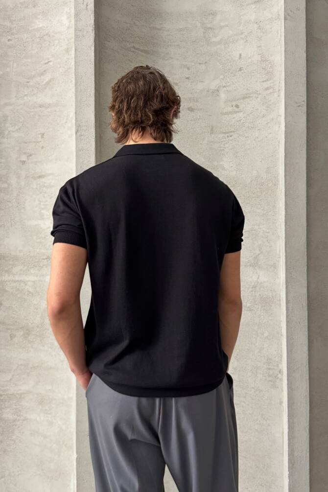 Erkek Oversize Pamuklu Polo Yaka Triko T-Shirt Siyah - 7