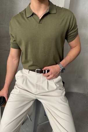 Erkek Oversize Pamuklu Polo Yaka Triko T-Shirt Yeşil - 2