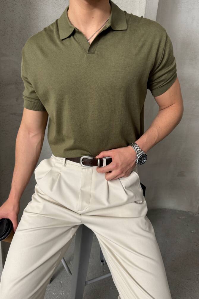 Erkek Oversize Pamuklu Polo Yaka Triko T-Shirt Yeşil - 2