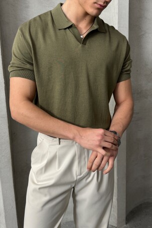 Erkek Oversize Pamuklu Polo Yaka Triko T-Shirt Yeşil - 3