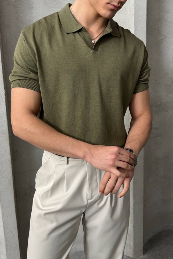 Erkek Oversize Pamuklu Polo Yaka Triko T-Shirt Yeşil - 3