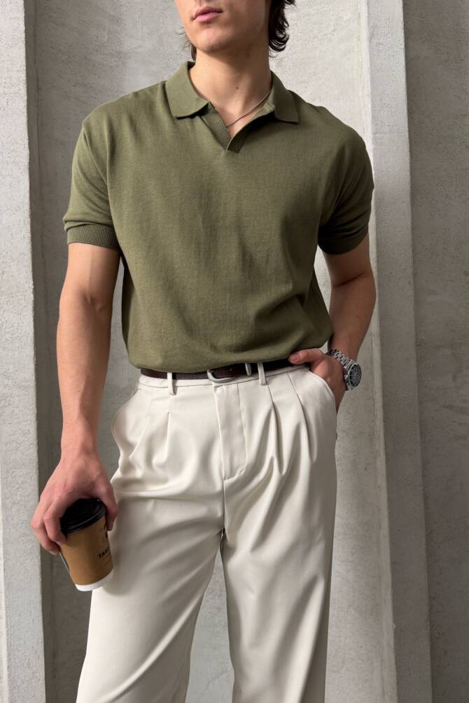 Erkek Oversize Pamuklu Polo Yaka Triko T-Shirt Yeşil - 4