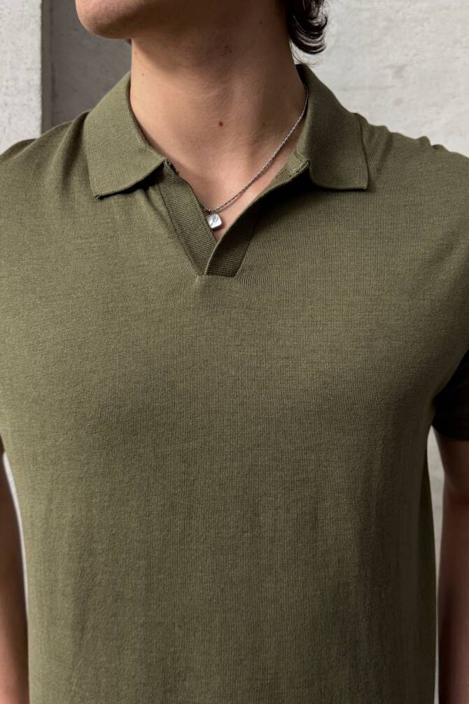 Erkek Oversize Pamuklu Polo Yaka Triko T-Shirt Yeşil - 5
