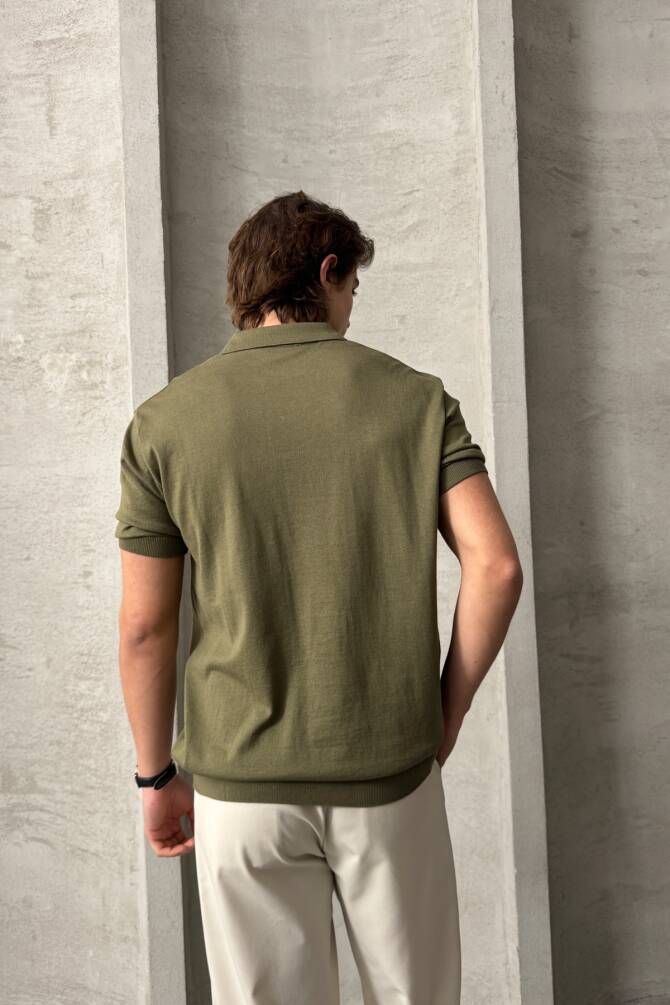Erkek Oversize Pamuklu Polo Yaka Triko T-Shirt Yeşil - 6