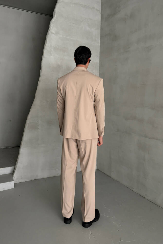 Erkek Oversize Rahat Kalıp Kruvaze Takım Elbise Bej - 5