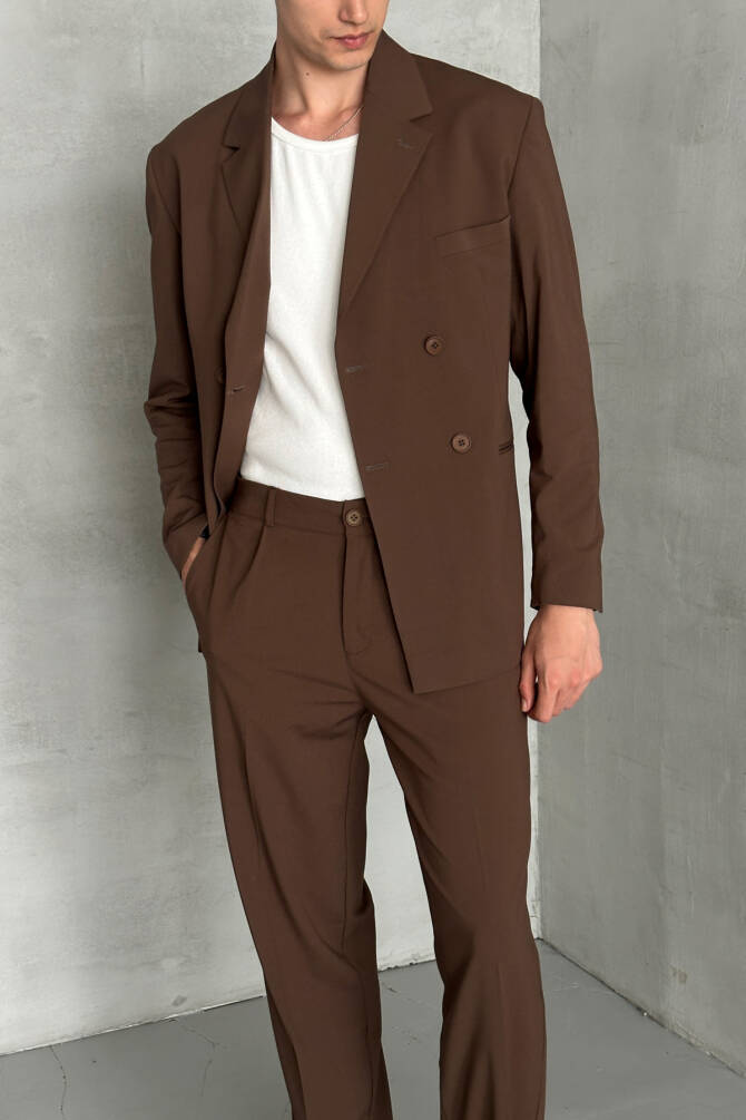 Erkek Oversize Rahat Kalıp Kruvaze Takım Elbise Koyu Kahve - 3