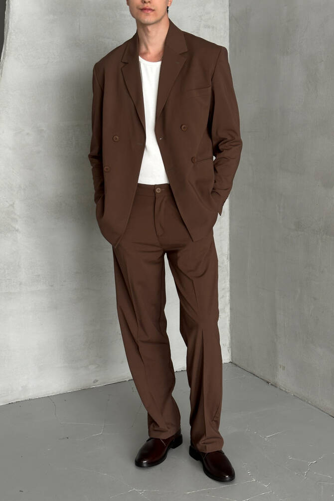 Erkek Oversize Rahat Kalıp Kruvaze Takım Elbise Koyu Kahve - 4