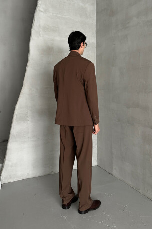 Erkek Oversize Rahat Kalıp Kruvaze Takım Elbise Koyu Kahve - 5
