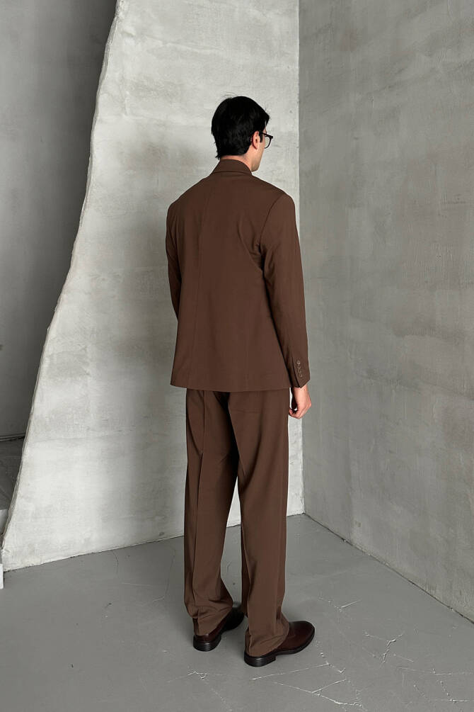 Erkek Oversize Rahat Kalıp Kruvaze Takım Elbise Koyu Kahve - 5