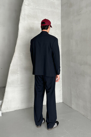 Erkek Oversize Rahat Kalıp Kruvaze Takım Elbise Lacivert - 6