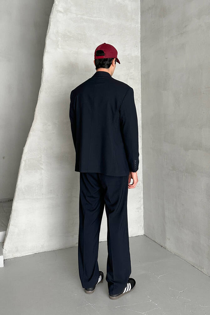 Erkek Oversize Rahat Kalıp Kruvaze Takım Elbise Lacivert - 6