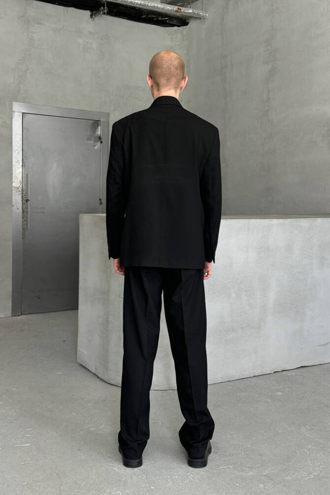 Erkek Oversize Rahat Kalıp Kruvaze Takım Elbise Siyah - 7